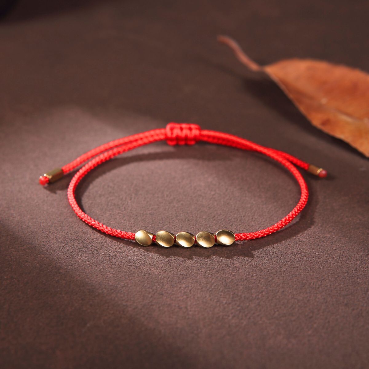 Five Lucky Beads Copper Bracelet - Blue & Red String