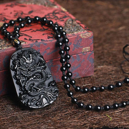Natural Black Obsidian Dragon Protection Necklace