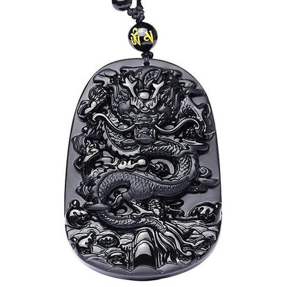 Natural Black Obsidian Dragon Protection Necklace